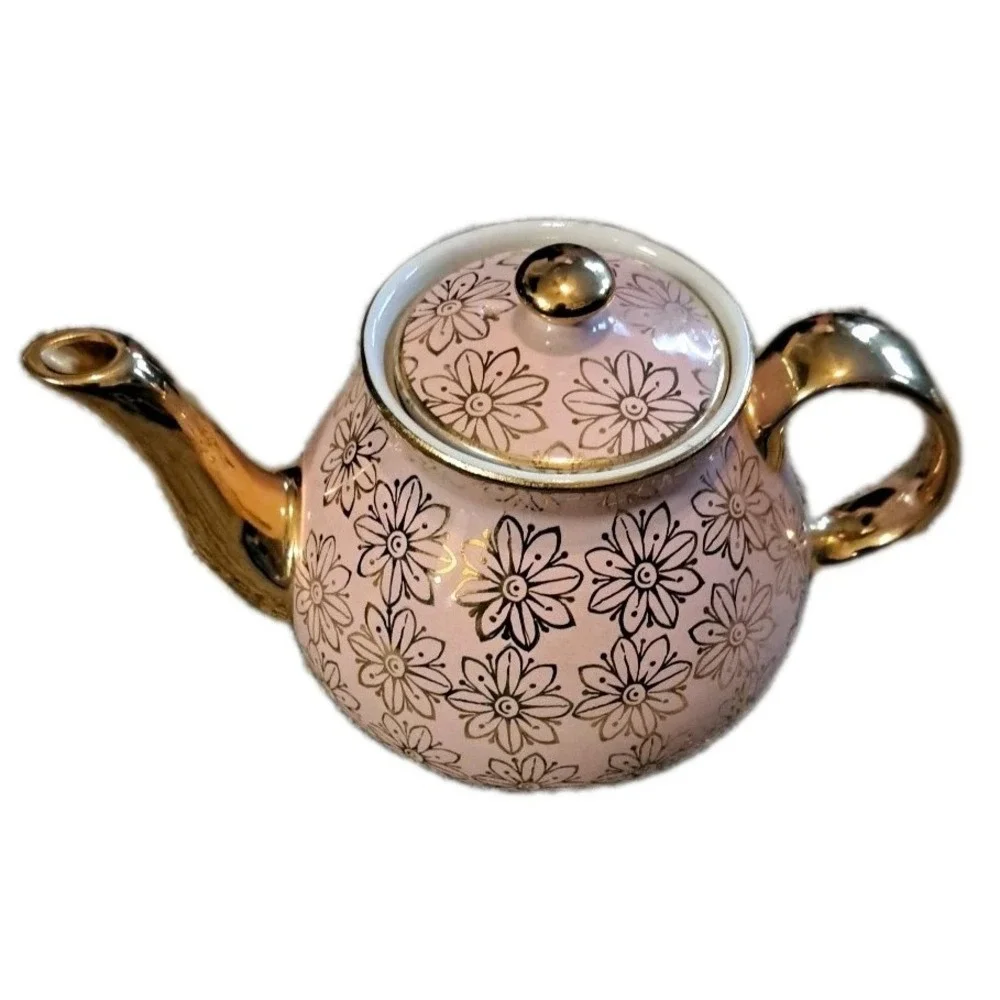 Hall China Pink Gold Label New York Flower Teapot Tea Pot 6 Cup Mid Century‎ USA